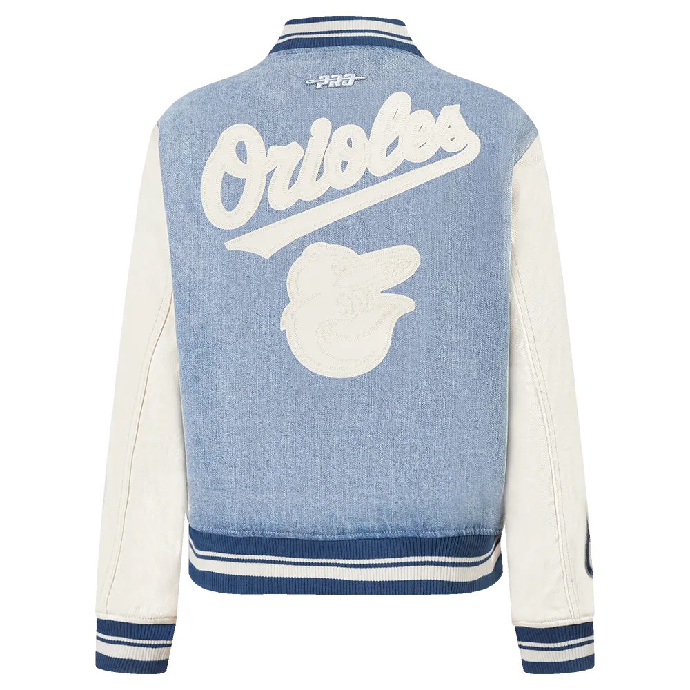 MLB BALTIMORE ORIOLES VARSITY BLUES WOMEN'S DENIM VARSITY JACKET (DENIM/LINEN)