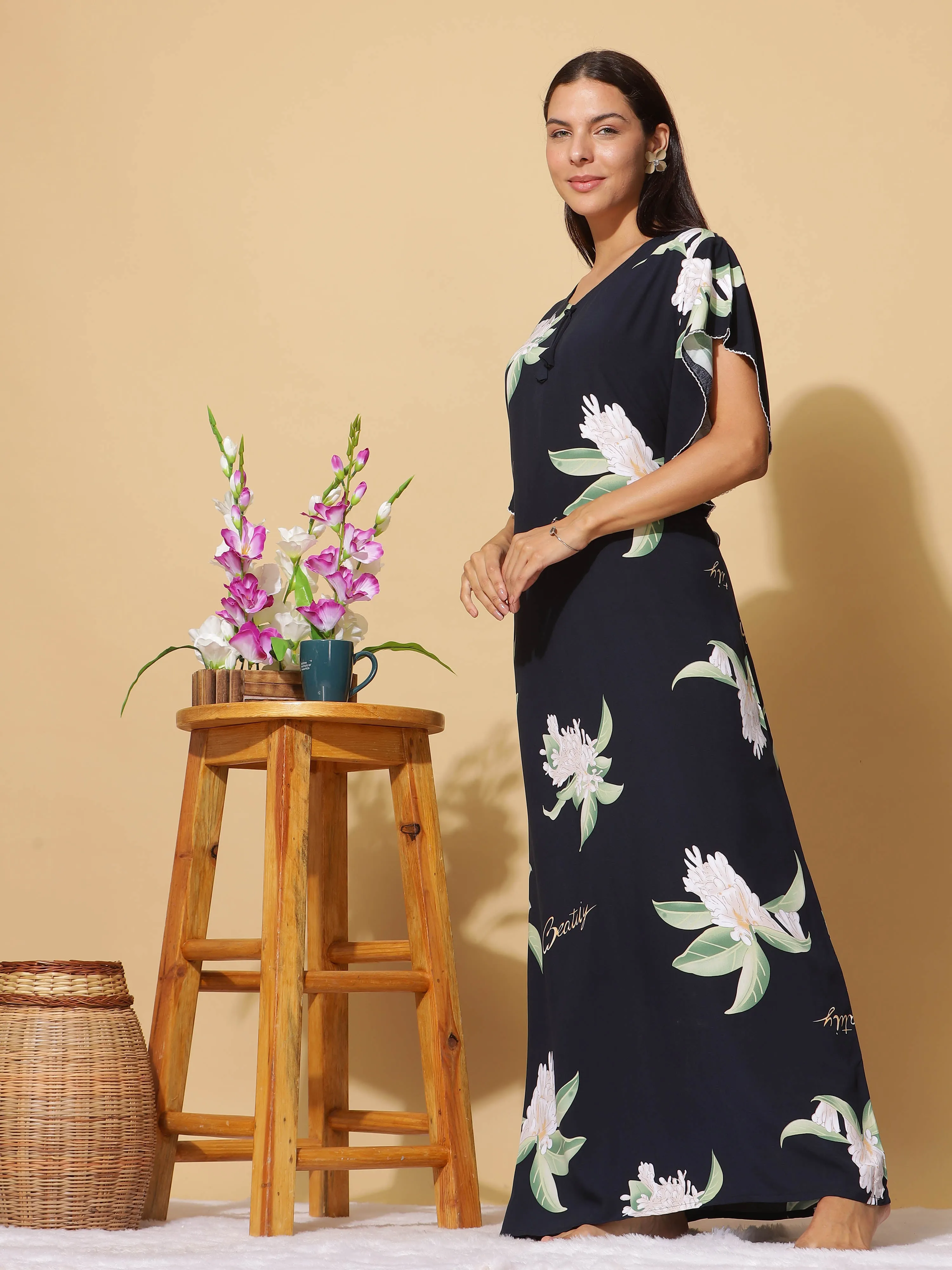 Navy Blue Rayon Designer Maxi Nighty