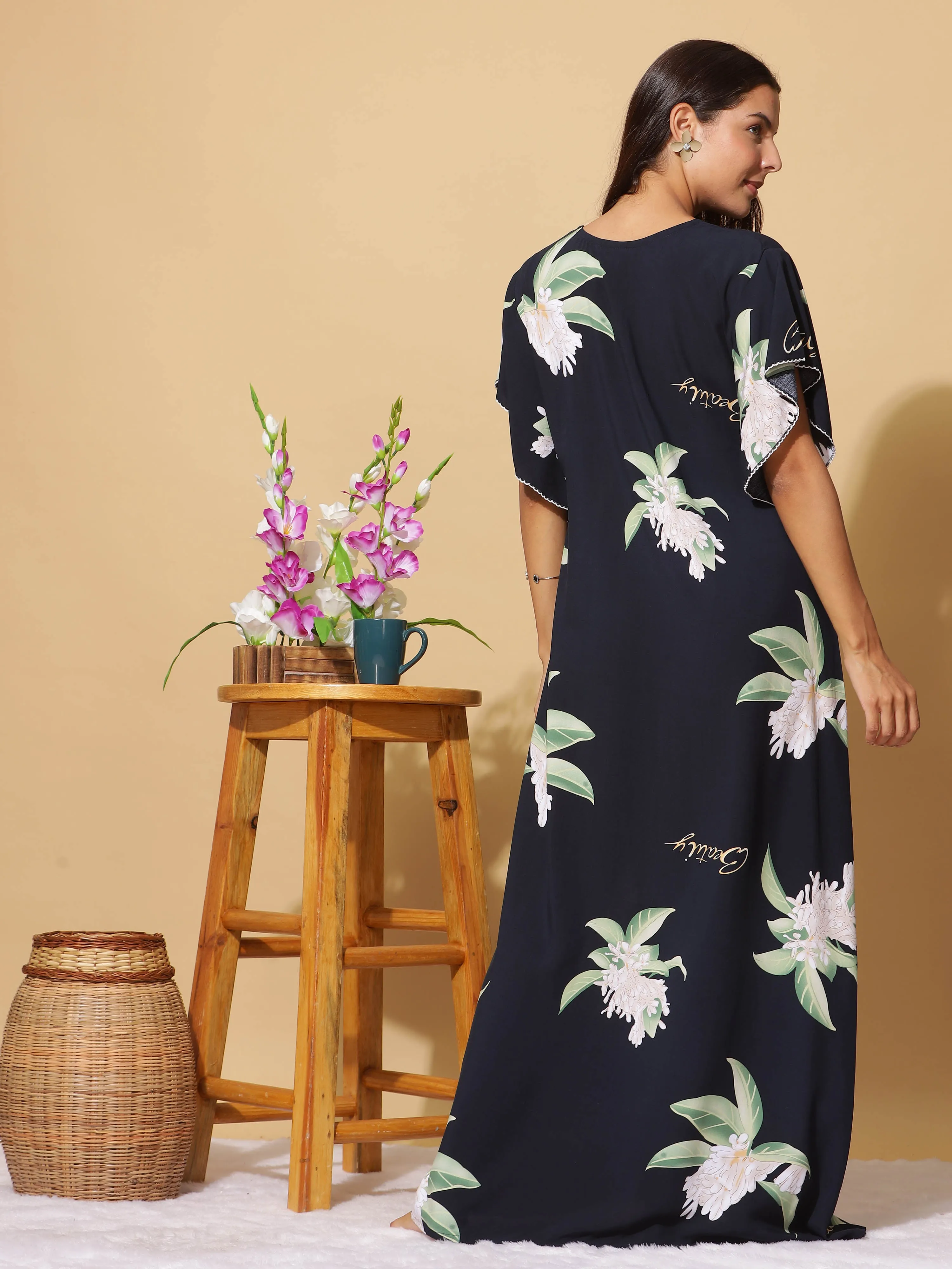 Navy Blue Rayon Designer Maxi Nighty