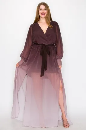 Ombre Chiffon Wrap Front Long Sleeve Tie Waist Slit Front Maxi Dress