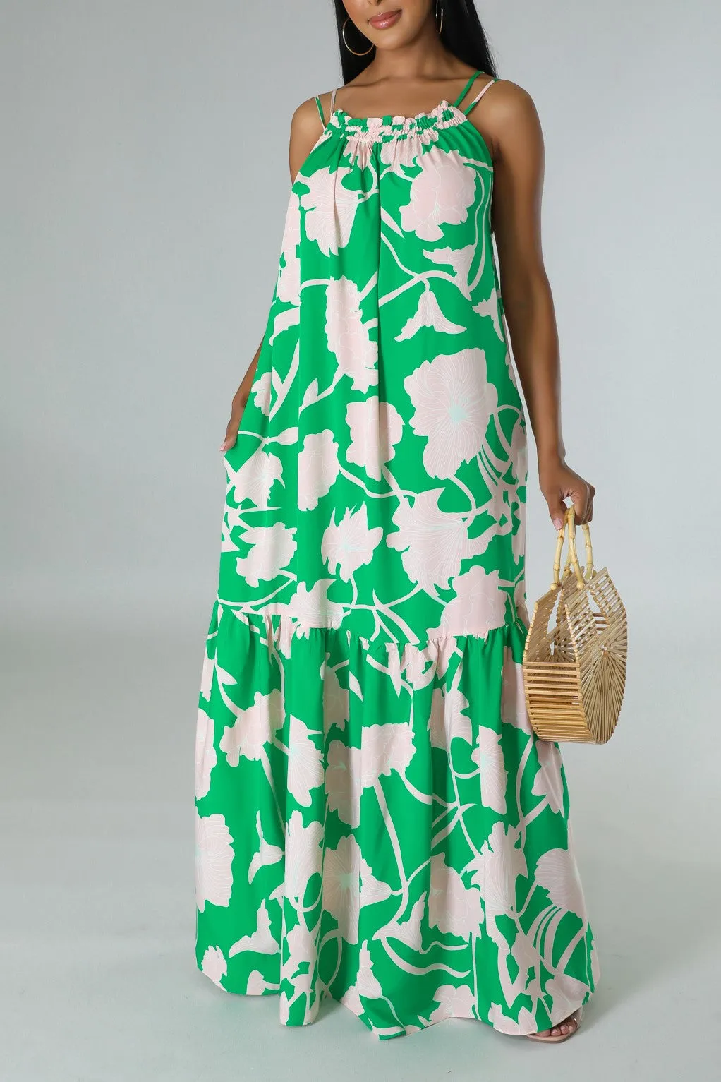 Pink and Green Fleur Maxi Dress