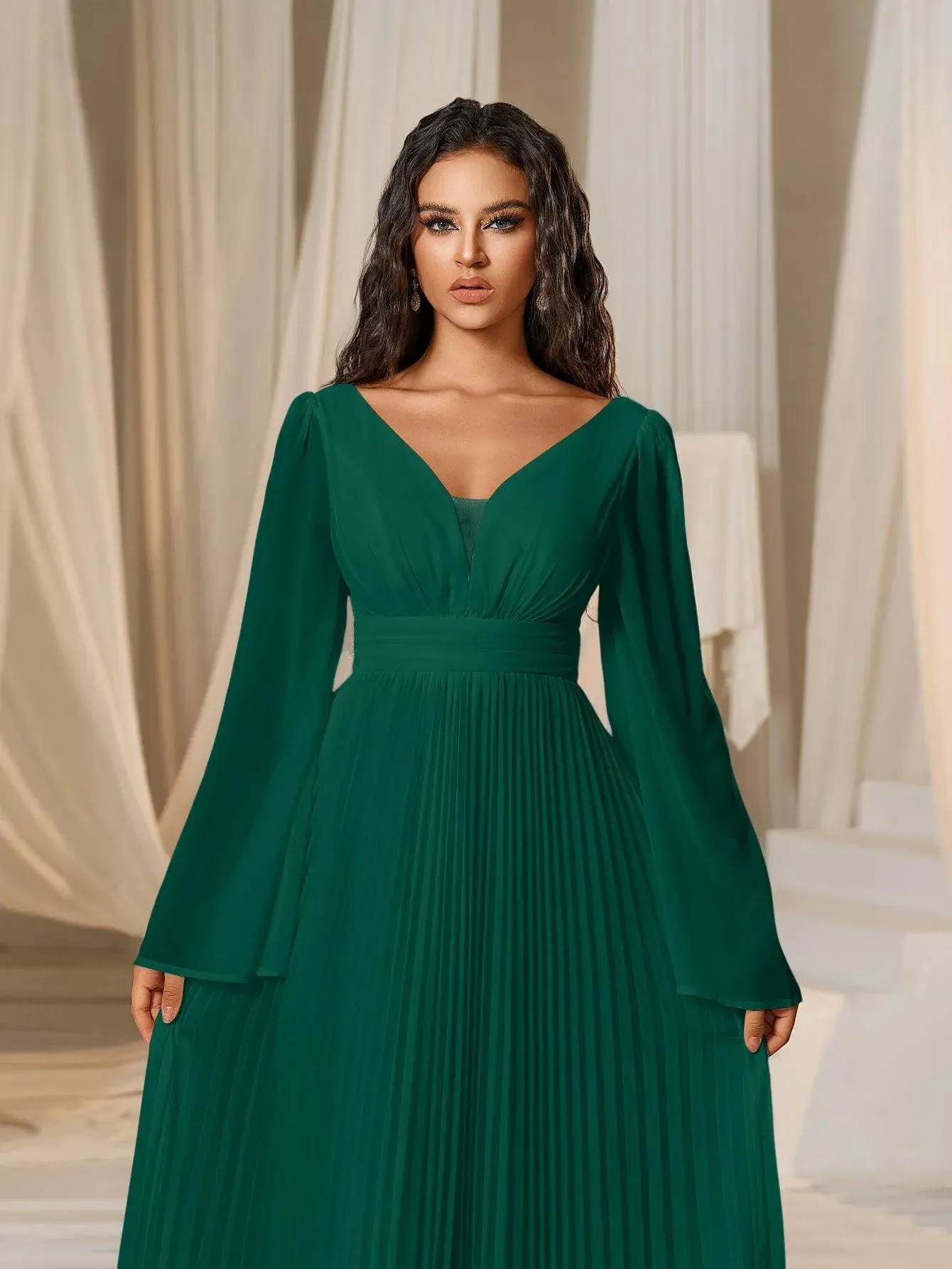 Plunging Neck Flared Sleeves Pleated Chiffon Dresses