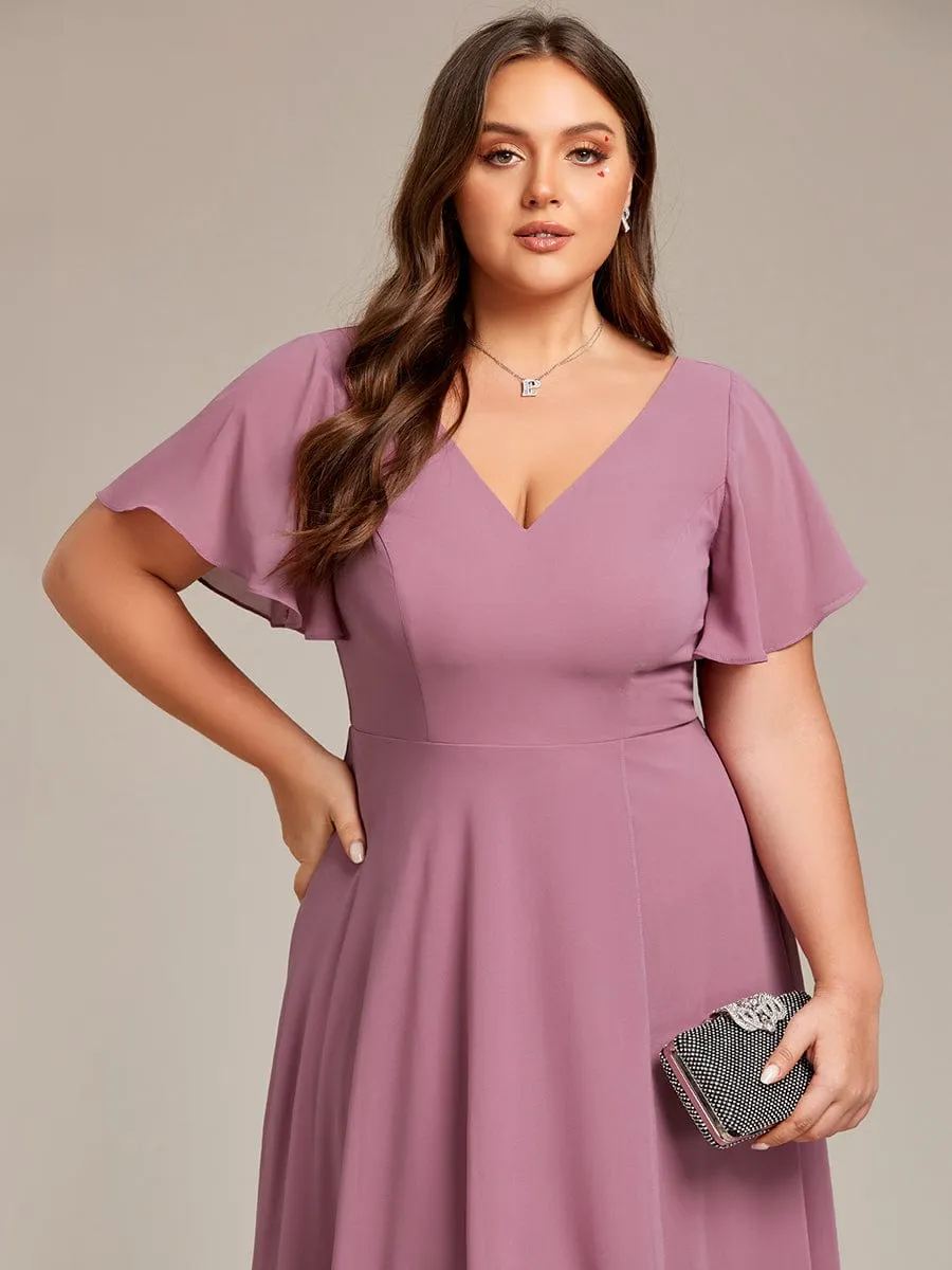 Plus Size Flowing Chiffon V-Neck Ruffle Sleeves Bridesmaid Dress