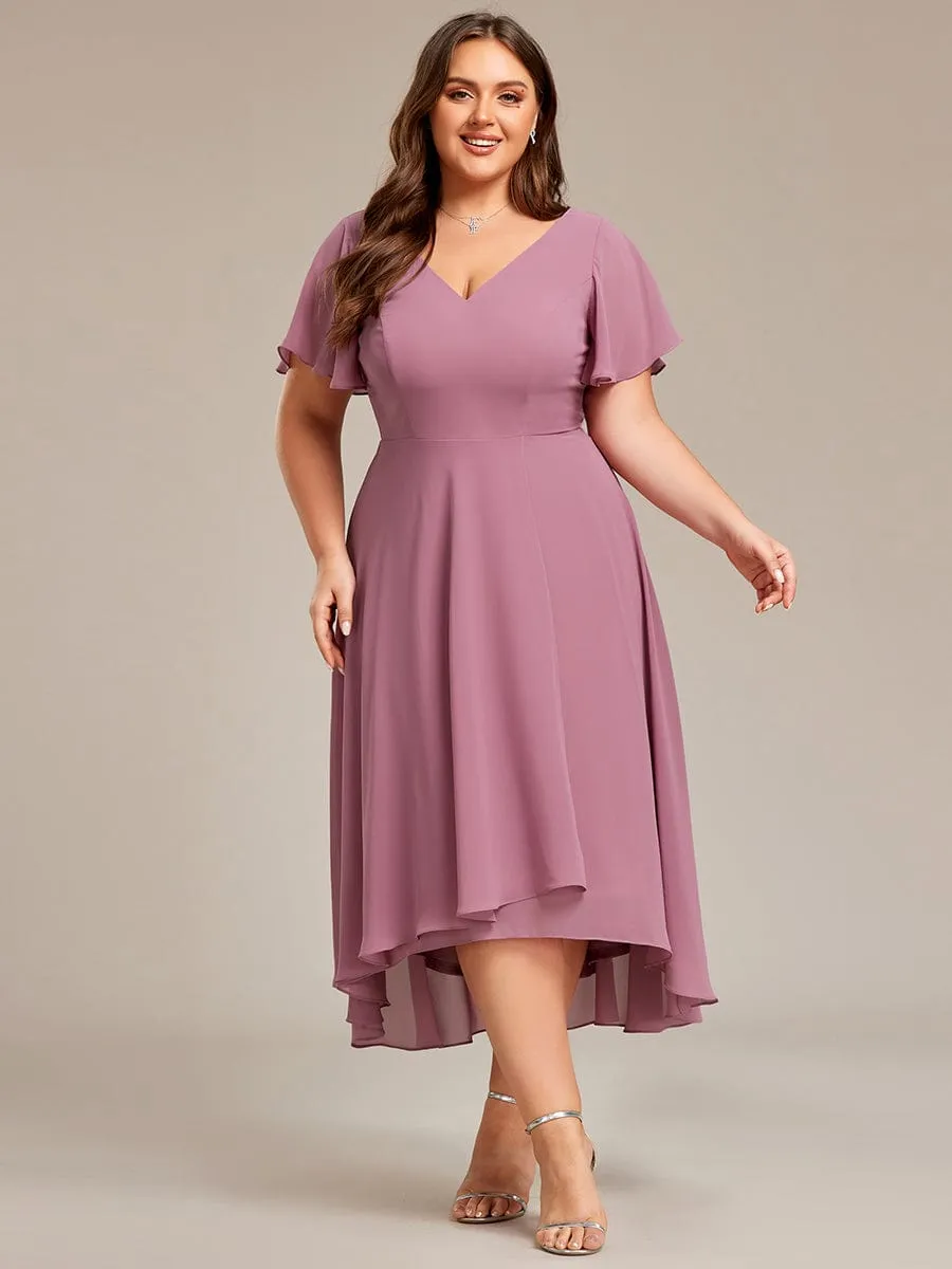 Plus Size Flowing Chiffon V-Neck Ruffle Sleeves Bridesmaid Dress