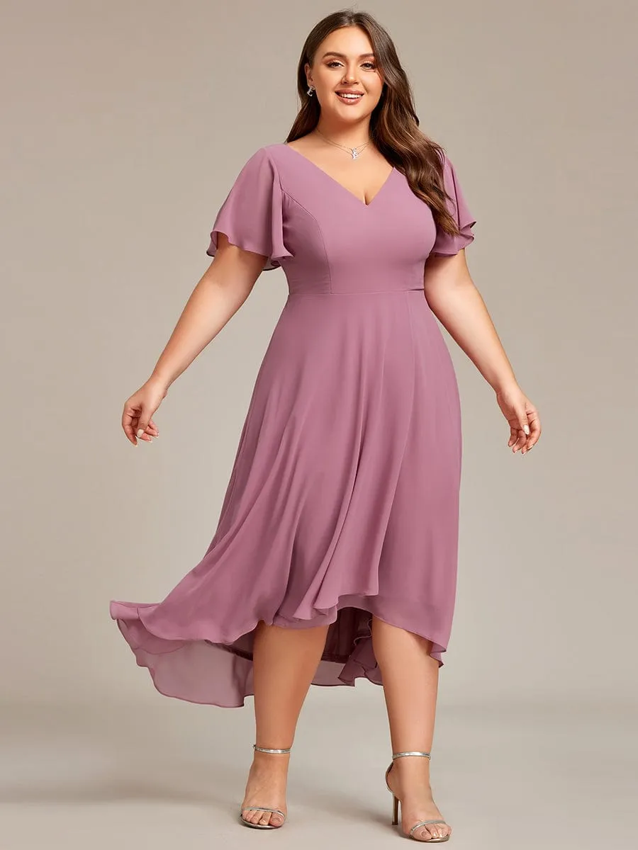 Plus Size Flowing Chiffon V-Neck Ruffle Sleeves Bridesmaid Dress