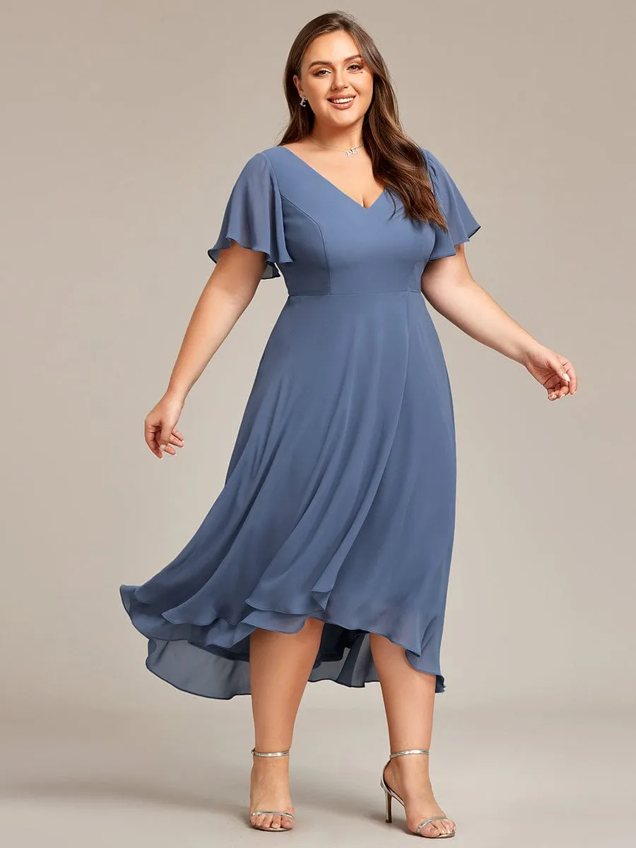 Plus Size Flowing Chiffon V-Neck Ruffle Sleeves Bridesmaid Dress