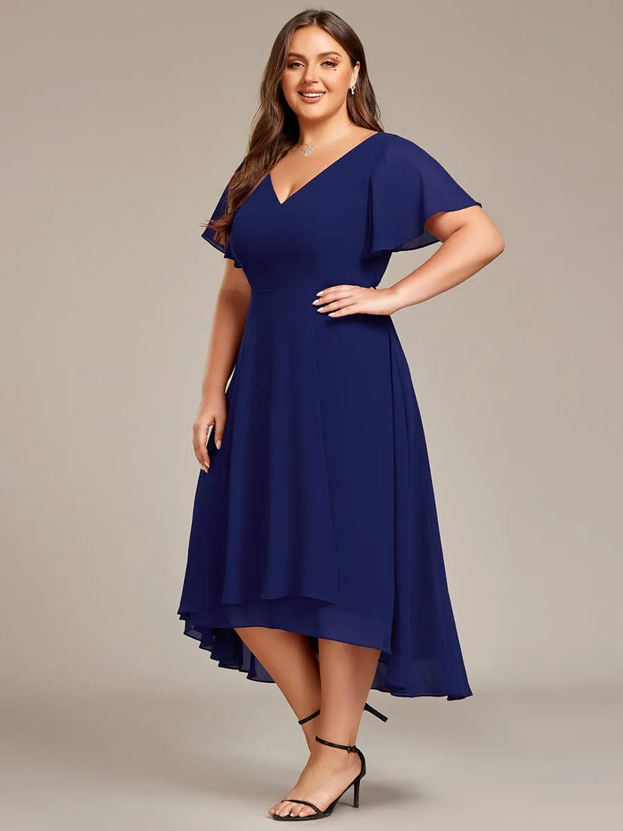 Plus Size Flowing Chiffon V-Neck Ruffle Sleeves Bridesmaid Dress