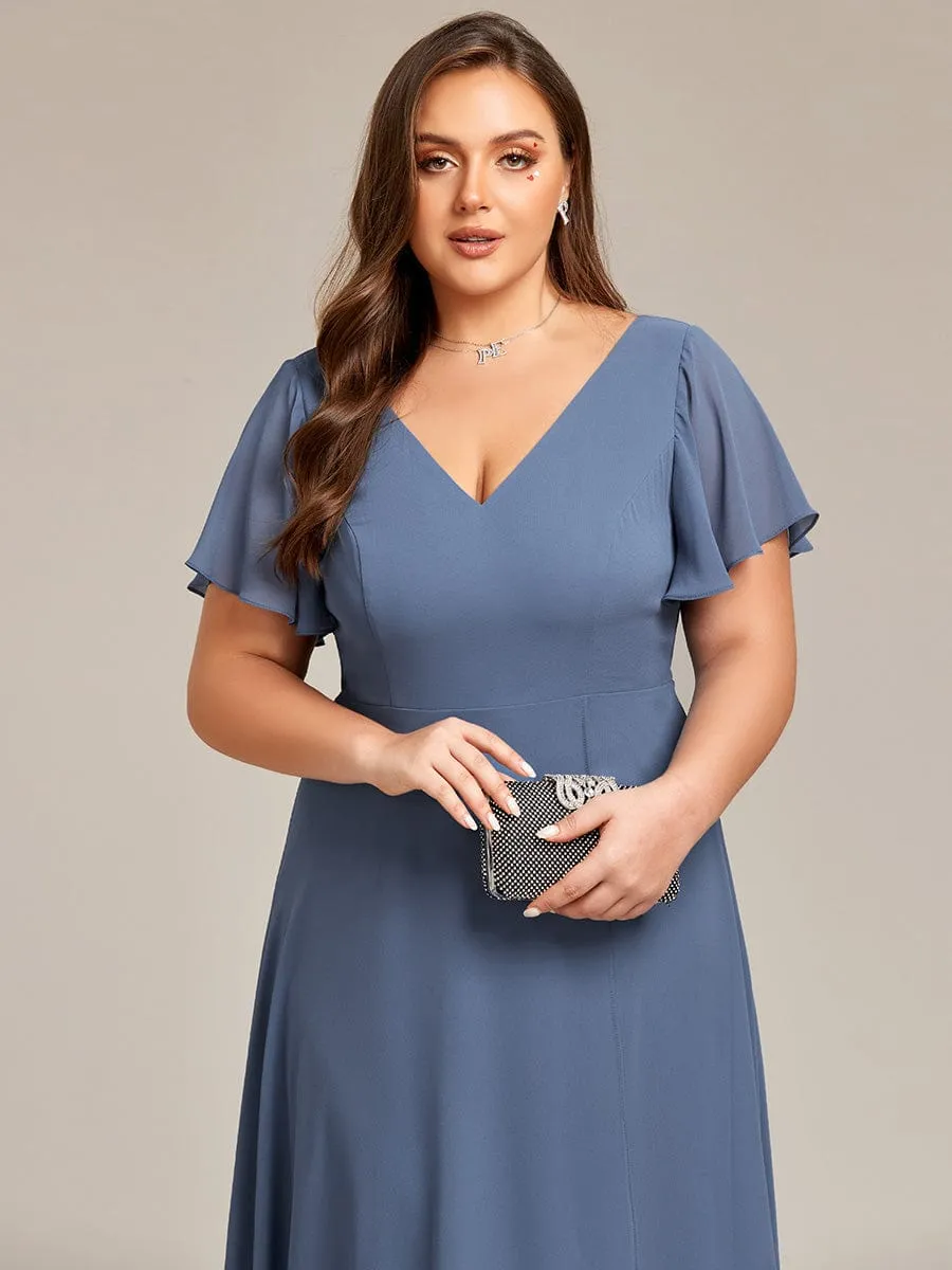 Plus Size Flowing Chiffon V-Neck Ruffle Sleeves Bridesmaid Dress