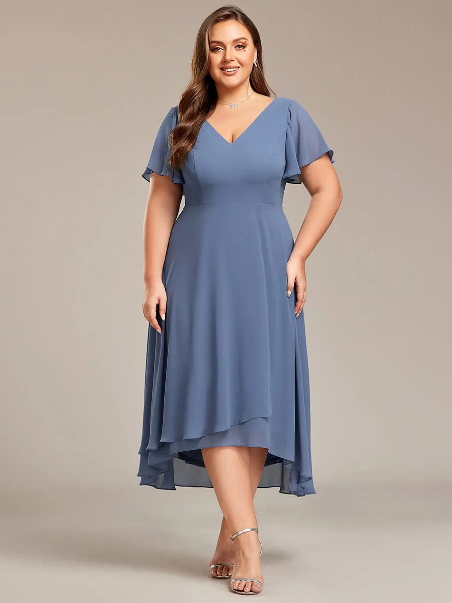 Plus Size Flowing Chiffon V-Neck Ruffle Sleeves Bridesmaid Dress