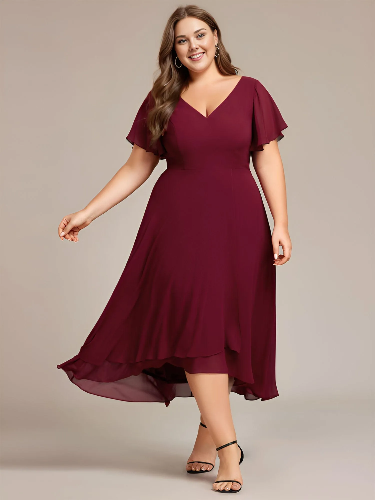 Plus Size Flowing Chiffon V-Neck Ruffle Sleeves Bridesmaid Dress