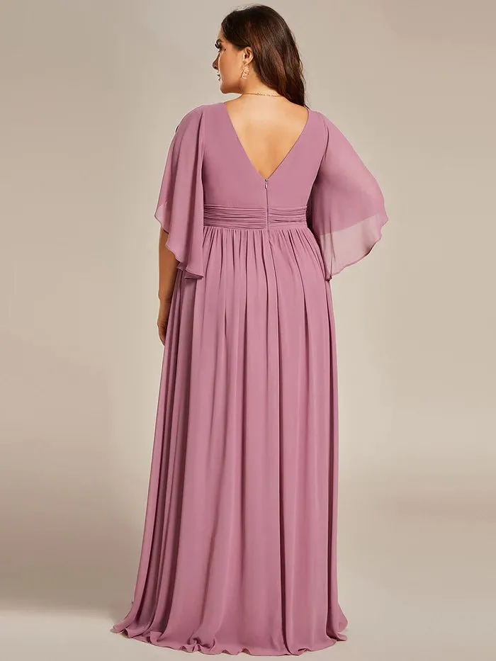 Plus V Neck Pleated Belt Chiffon Evening Dress