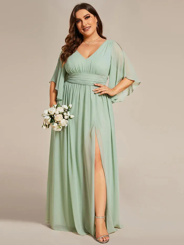 Plus V Neck Pleated Belt Chiffon Evening Dress