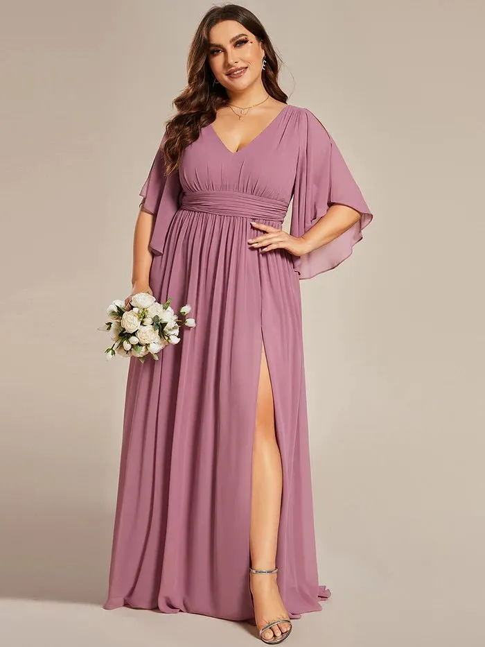 Plus V Neck Pleated Belt Chiffon Evening Dress