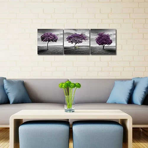 PYRADECOR 3 PIECE PURPLE TREES MODERN STRETCHED AND FRAMED LANDSCAPE ARTWORK GICLEE CANVAS PRINTS FALL FOREST PICTURES PAINTINGS ON CANVAS WALL ART FOR LIVING ROOM BEDROOM HOME OFFICE DECORATIONS