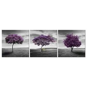 PYRADECOR 3 PIECE PURPLE TREES MODERN STRETCHED AND FRAMED LANDSCAPE ARTWORK GICLEE CANVAS PRINTS FALL FOREST PICTURES PAINTINGS ON CANVAS WALL ART FOR LIVING ROOM BEDROOM HOME OFFICE DECORATIONS