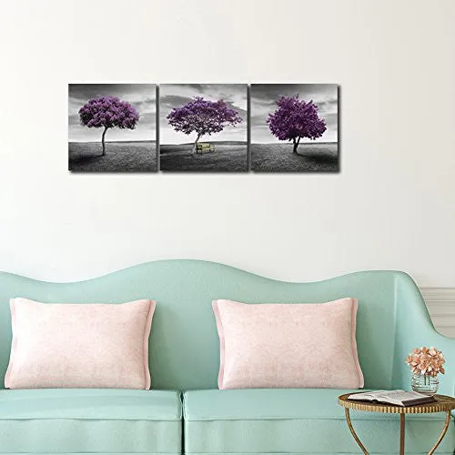 PYRADECOR 3 PIECE PURPLE TREES MODERN STRETCHED AND FRAMED LANDSCAPE ARTWORK GICLEE CANVAS PRINTS FALL FOREST PICTURES PAINTINGS ON CANVAS WALL ART FOR LIVING ROOM BEDROOM HOME OFFICE DECORATIONS