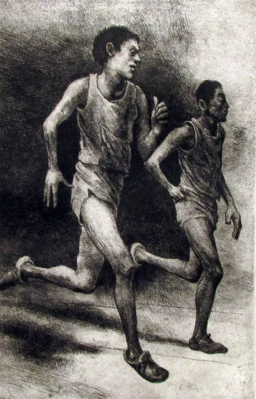 "Sprinters" by Anne Lyman Powers - Black and White Etching on Paper