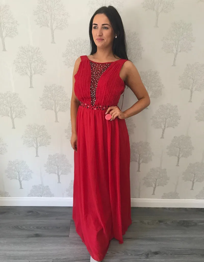 Red Lace Maxi Dress with Embellished Plunge Neck