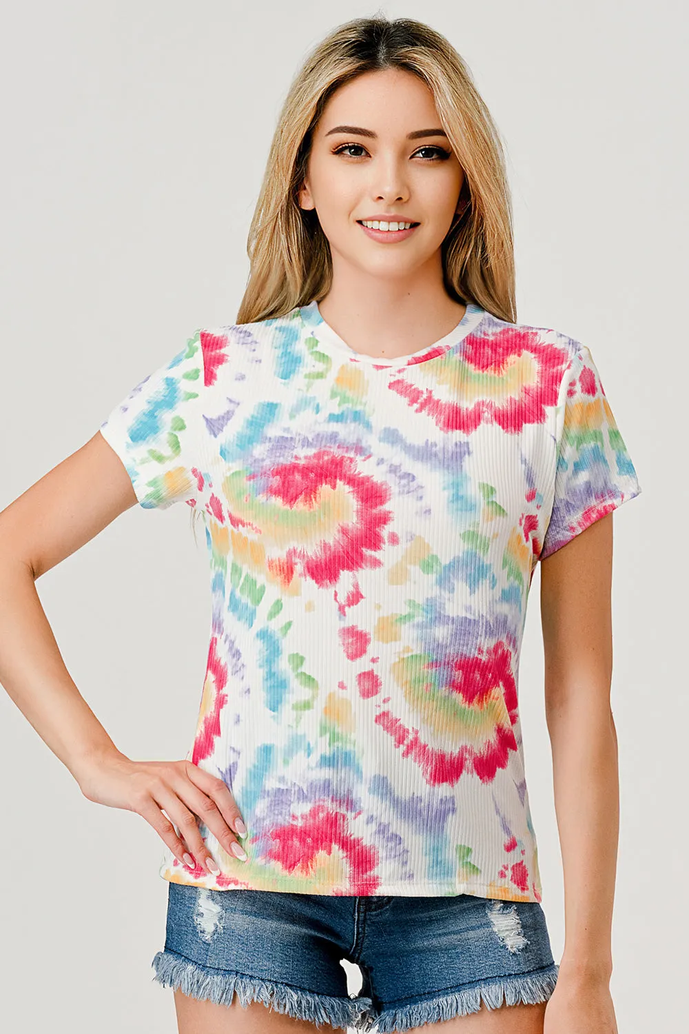 Rib Knit Printed Short Sleeve Tops - Multicolor Tie Dye