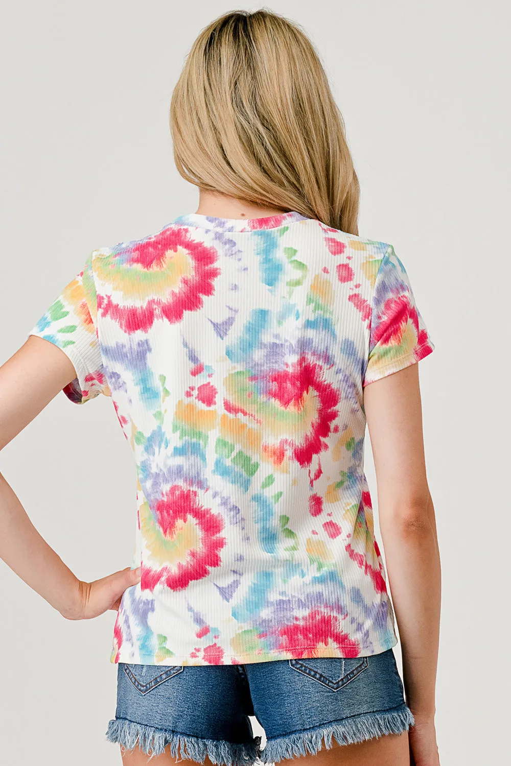 Rib Knit Printed Short Sleeve Tops - Multicolor Tie Dye