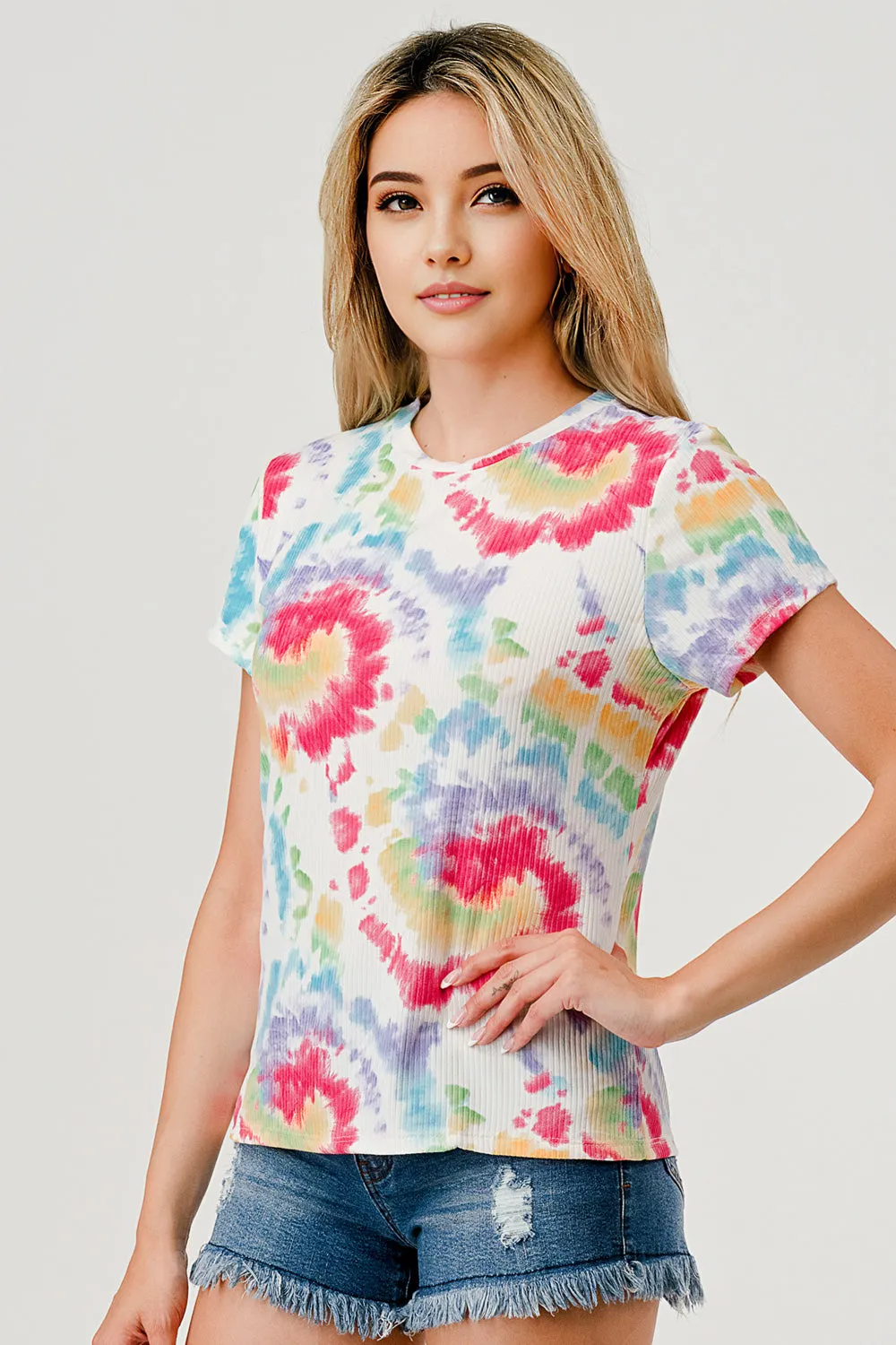 Rib Knit Printed Short Sleeve Tops - Multicolor Tie Dye