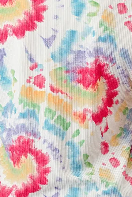 Rib Knit Printed Short Sleeve Tops - Multicolor Tie Dye