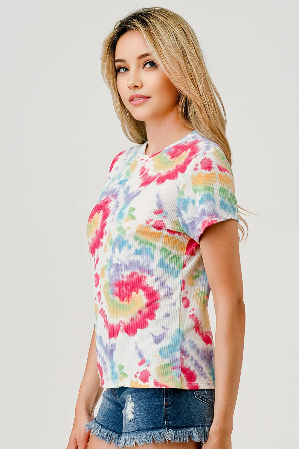 Rib Knit Printed Short Sleeve Tops - Multicolor Tie Dye