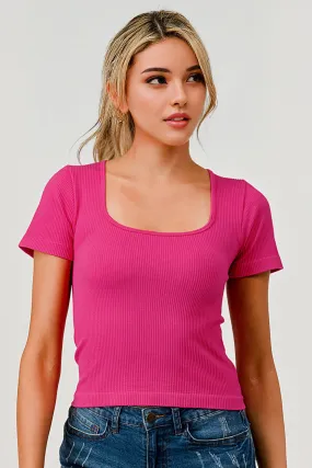 Rib Knit Square Neckline Short Sleeve Tops - Fuchsia