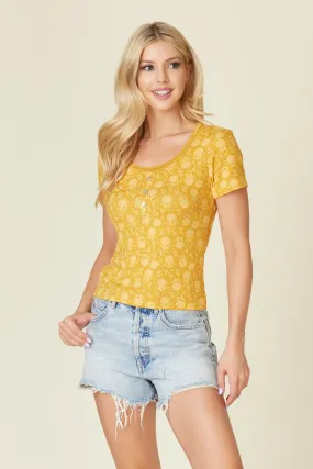 Rib Knit T-Shirt Tops with Lace Trim and Button Detail - Yellow Floral Print