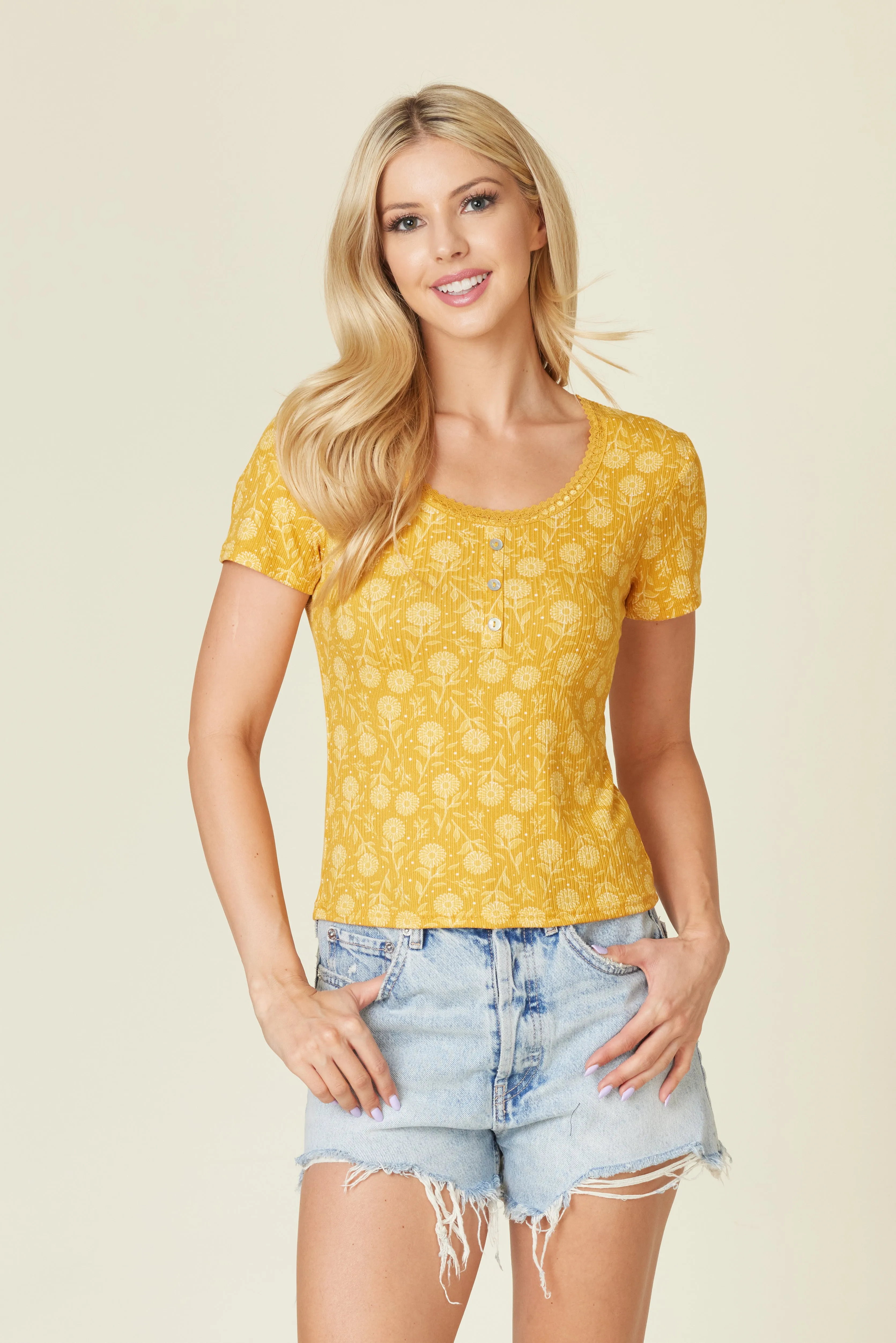 Rib Knit T-Shirt Tops with Lace Trim and Button Detail - Yellow Floral Print