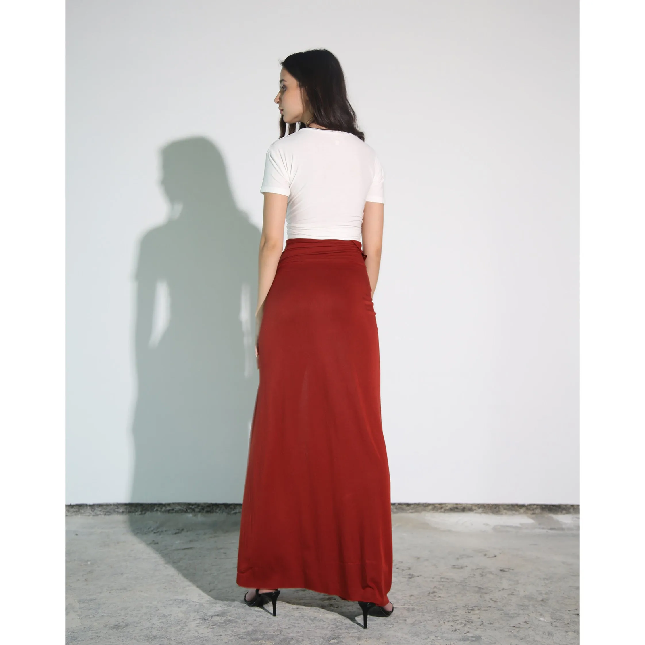 Rust Modal Soft Jersey Knotted Skirt with Shell Tassel