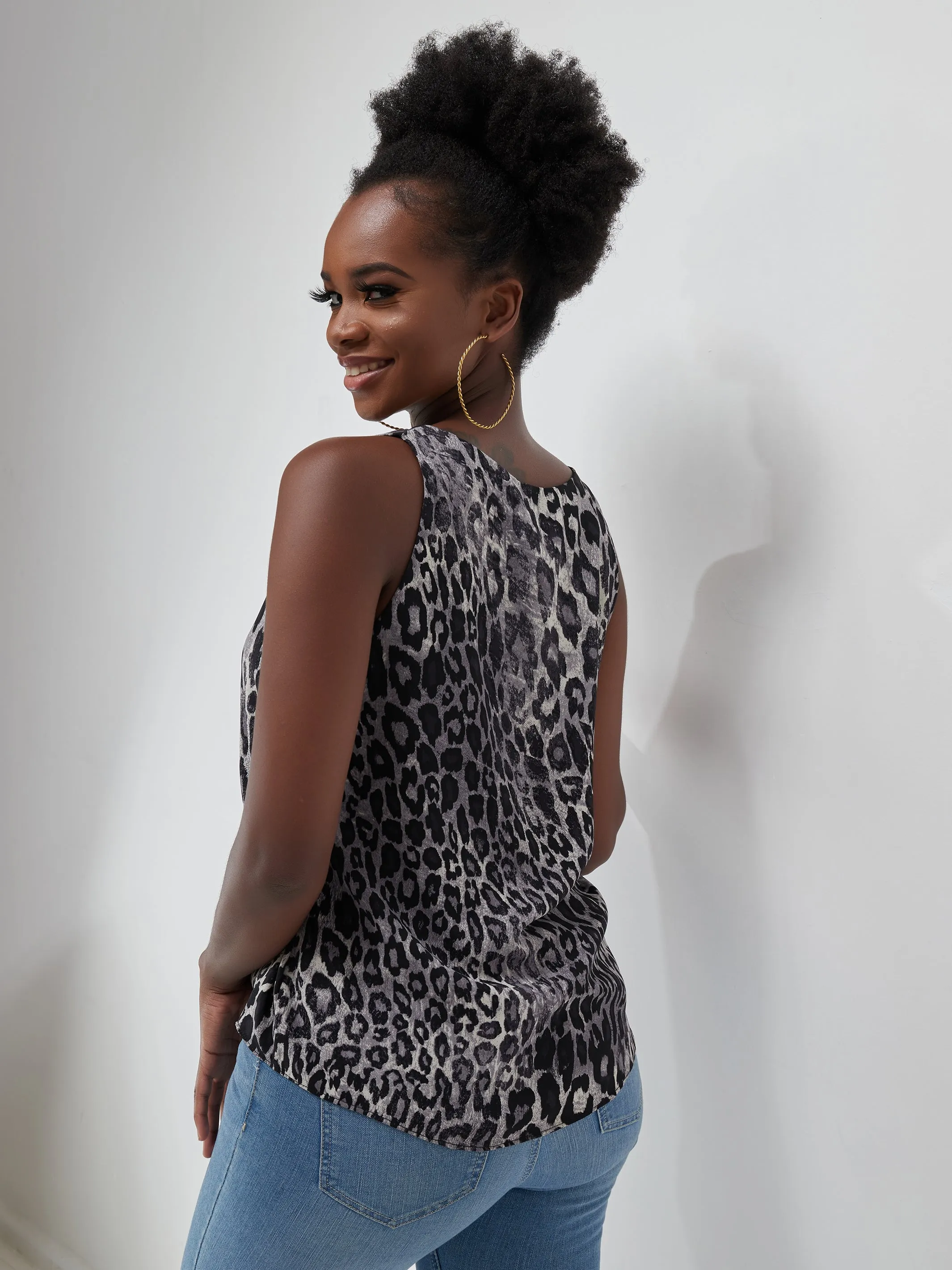 Safari Ayana Sleeveless Chiffon Top - Grey Cheetah Print