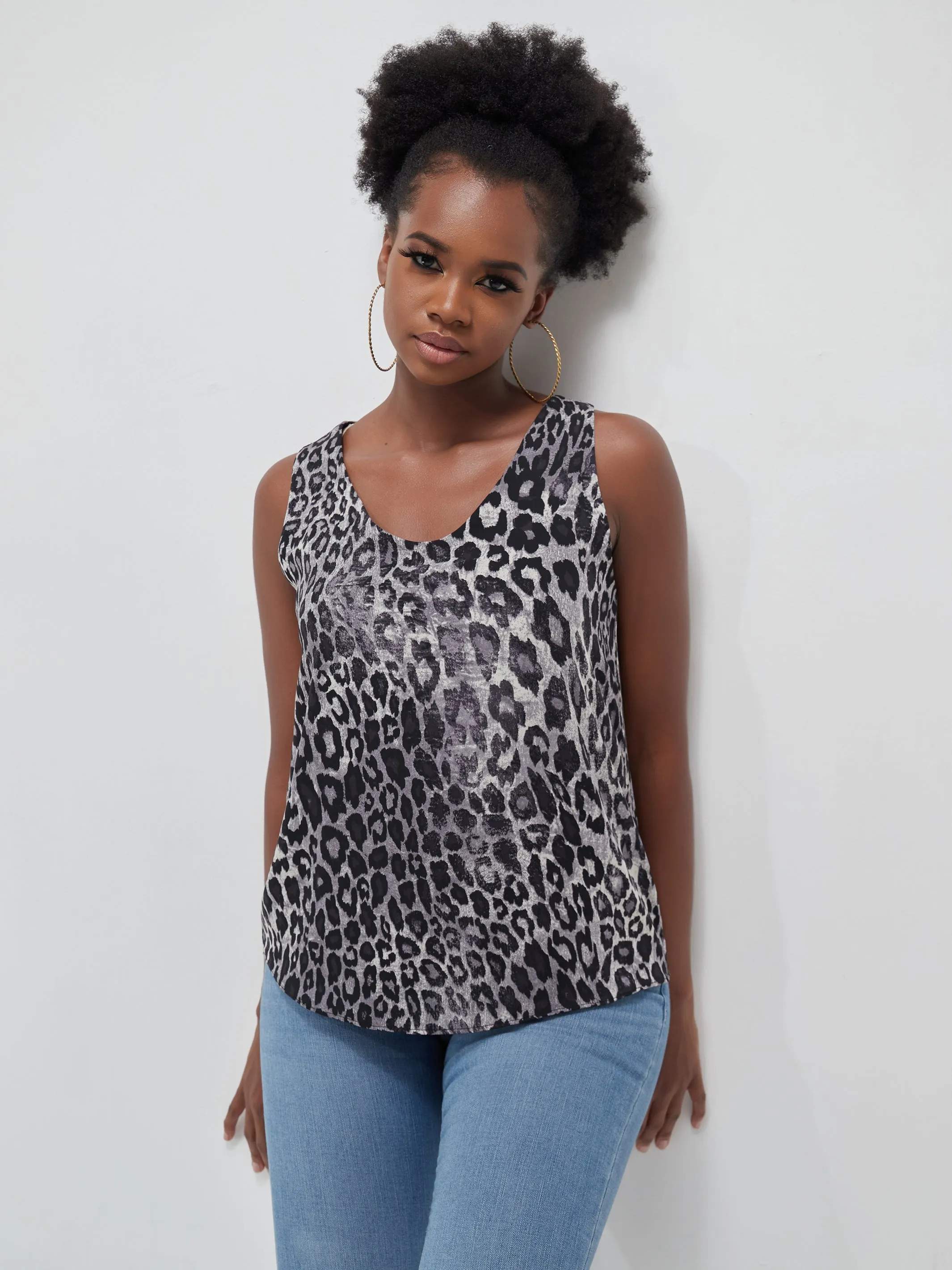 Safari Ayana Sleeveless Chiffon Top - Grey Cheetah Print