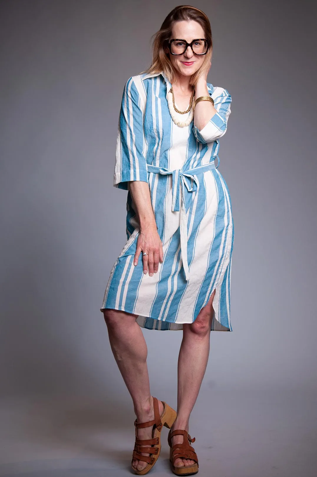 Slip On Linen Shirt Dress - Turquoise Stripe