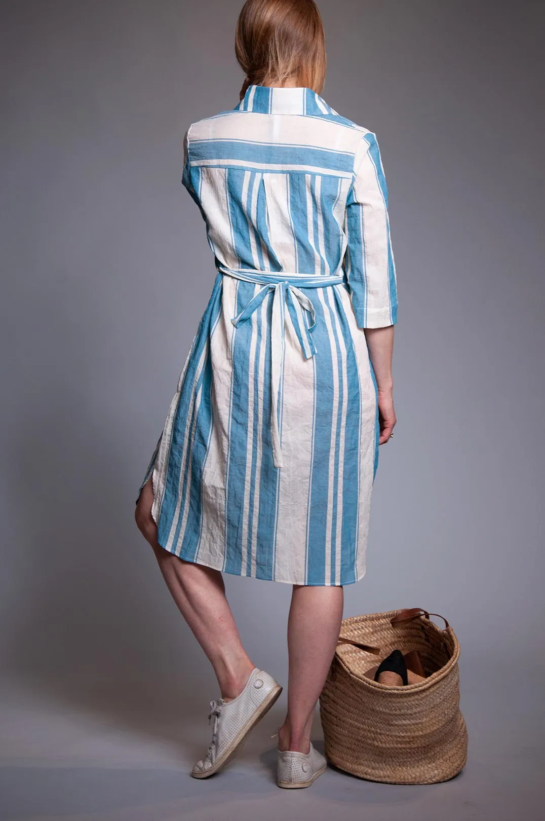 Slip On Linen Shirt Dress - Turquoise Stripe