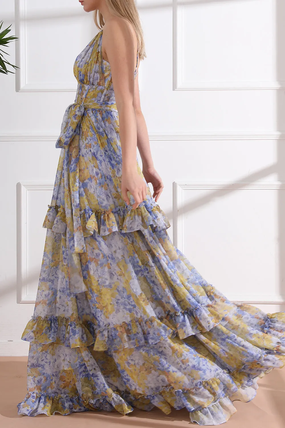 Straps V Neck Corset Tiered Floral Chiffon Long Dress