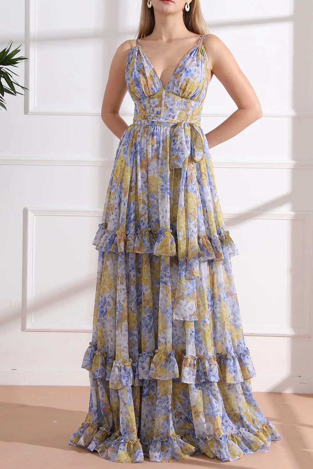 Straps V Neck Corset Tiered Floral Chiffon Long Dress