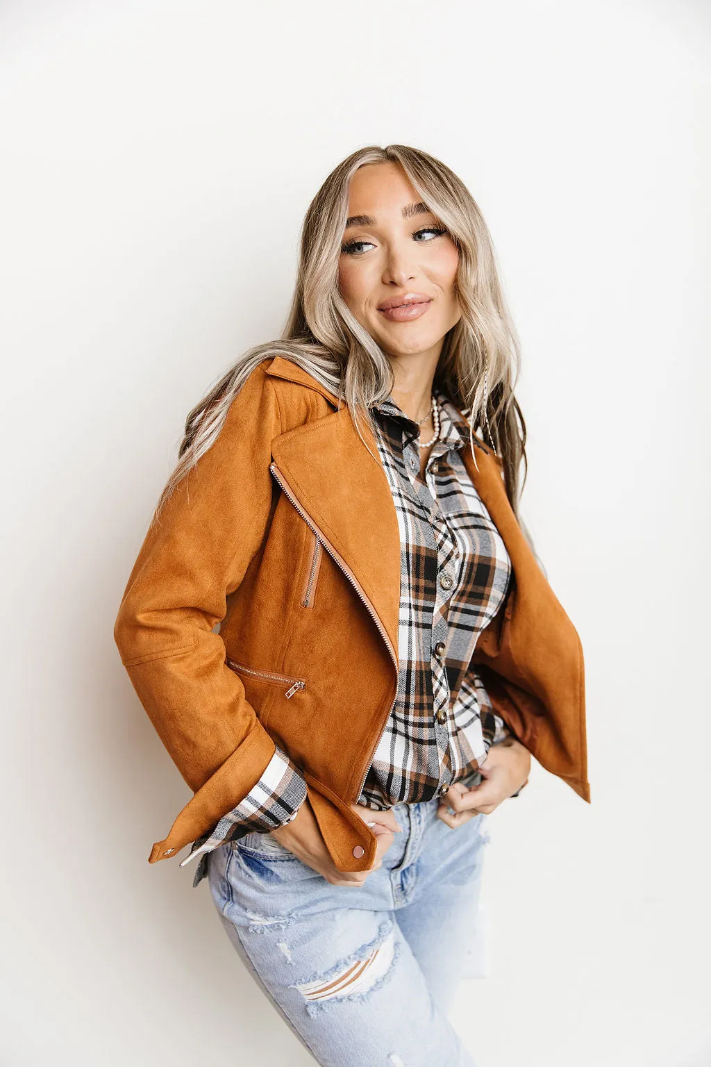 Vegan Suede Leather Moto Jacket- Camel