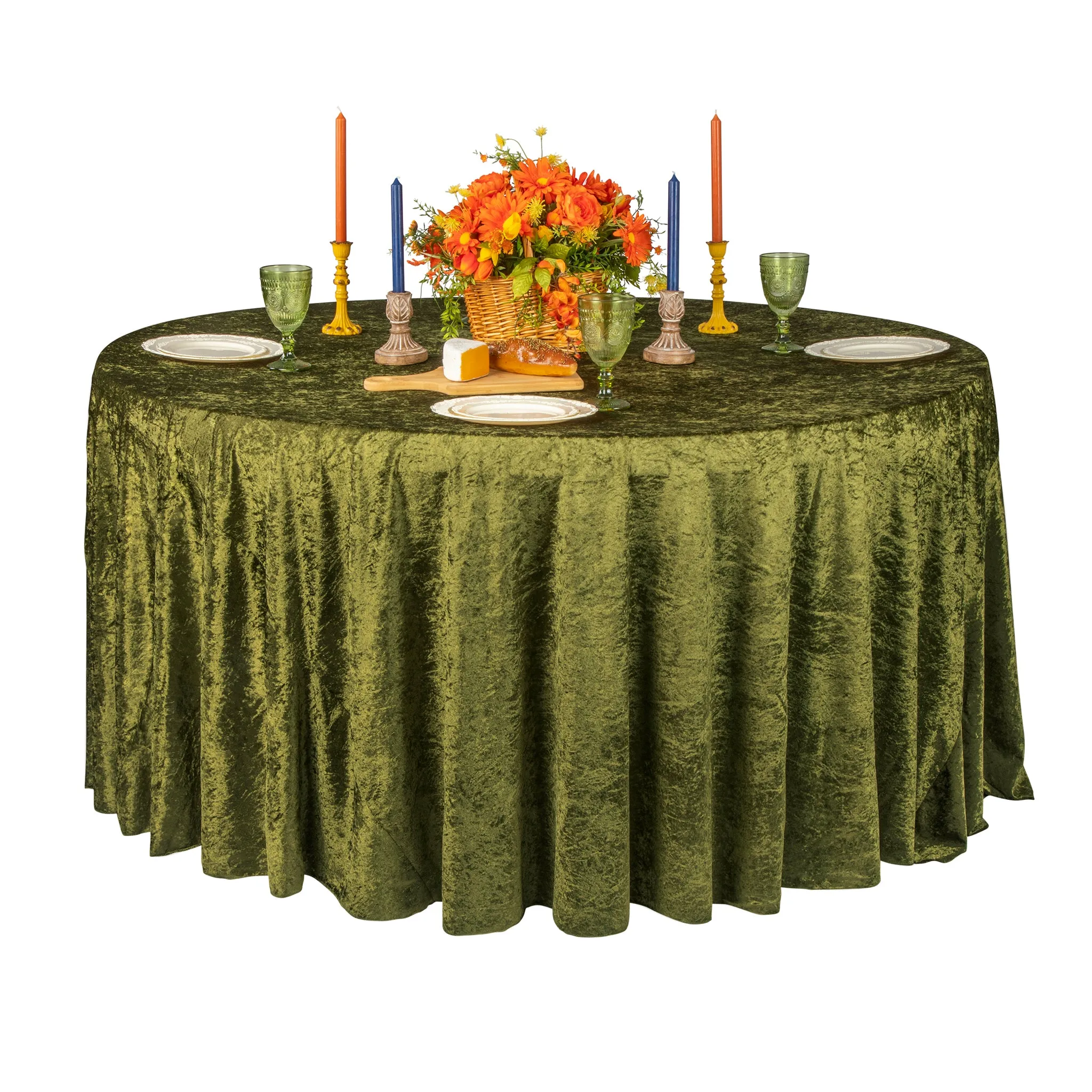 Velvet 132" Round Tablecloth - Olive Green